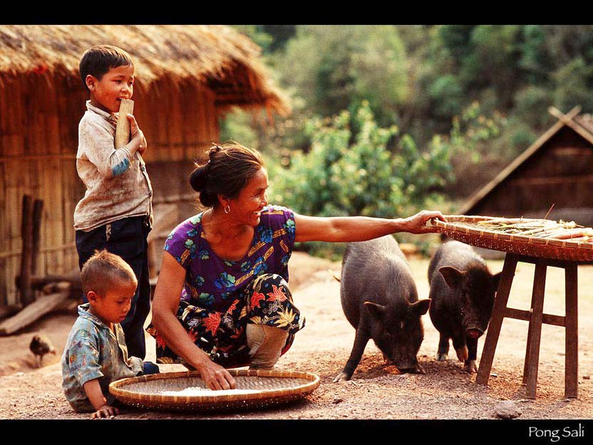 ラオスの竹の子と もち米の籾殻を取り除く母子　ポン・サリー